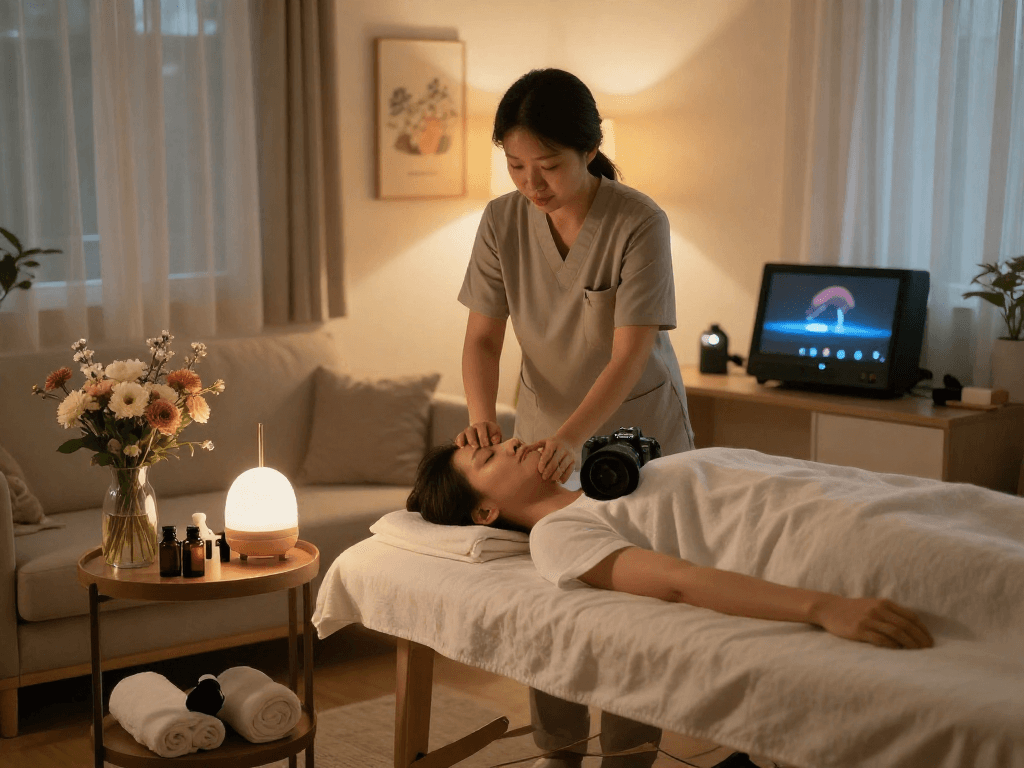 Therapist preparing for 김포출장마사지 session in a cozy home environment.