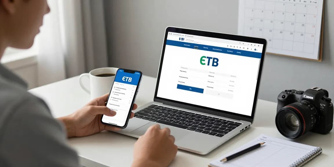 Persona gestionando su etb pago factura en oficina en casa con laptop y cuaderno.