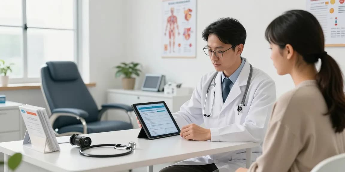 View the product information during a healthcare consultation in a modern clinic.