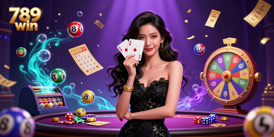 Engage in thrilling games at 789 win with an elegant Asian woman showcasing ace cards in a luxurious casino.