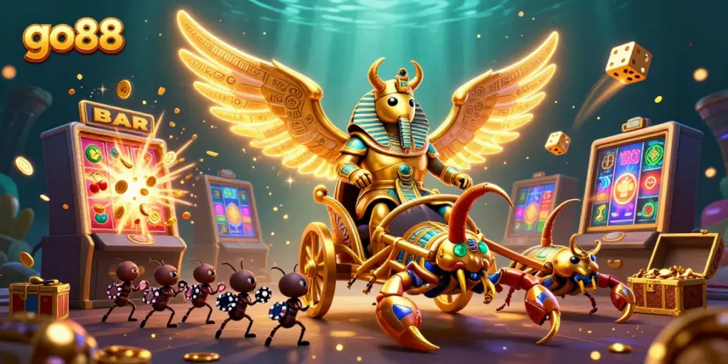 Experience go88's thrilling gaming action with jackpot bursts and exhilarating characters in a vibrant 3D illustration.