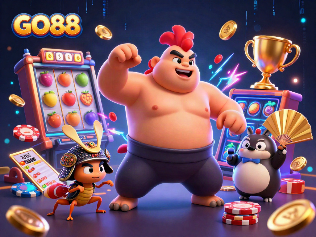 GO88 showcases a dynamic casino spirit with thrilling slot reels and colorful characters.