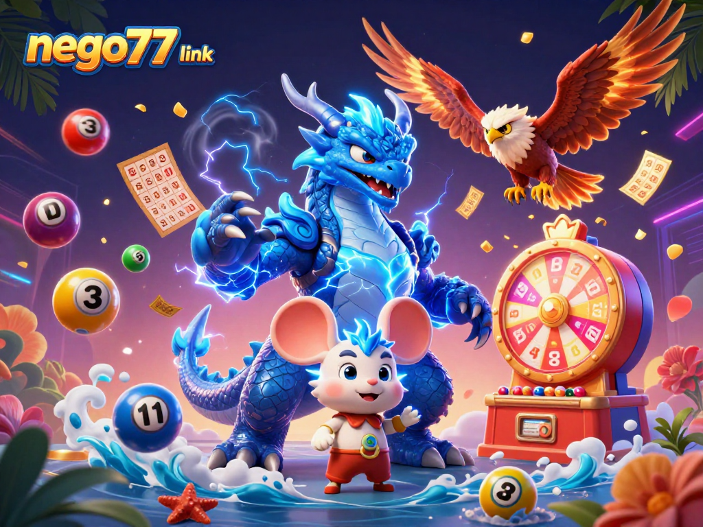 Spin to win with nego77 link in this vibrant 3D casino-themed illustration showcasing dynamic game elements.
