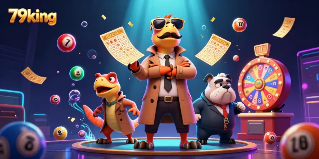 Experience the thrilling environment of 79king casino with cartoon raptors sneaking in, exchanging colorful lottery elements.