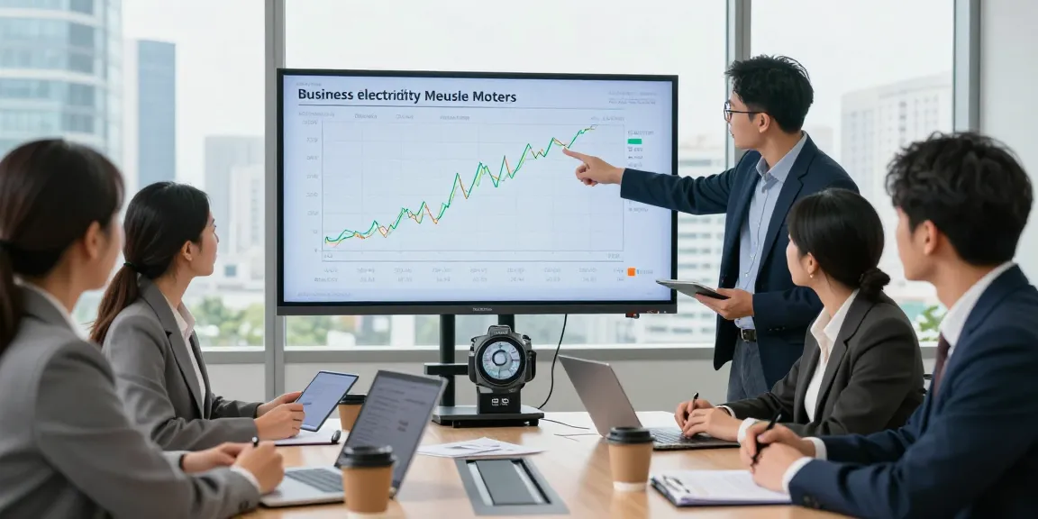 Team analyzing business electricity half hourly meter data in a modern office setting.