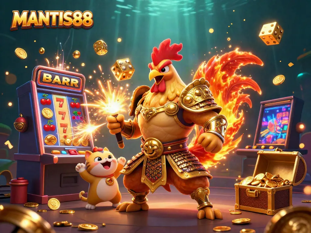 Experience thrilling moments at MANTIS88 as a fighting rooster and dragon celebrate a jackpot victory with vibrant gaming elements.