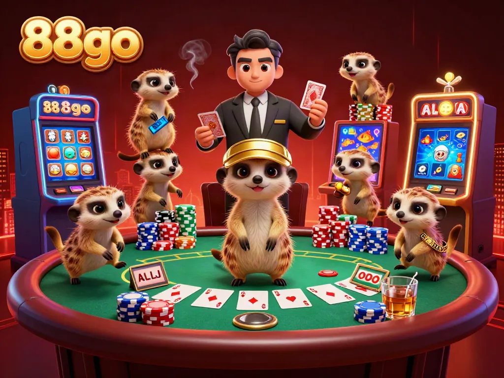 Experience the thrilling 88go casino with meerkats in action, engaging in poker at a vibrant table.