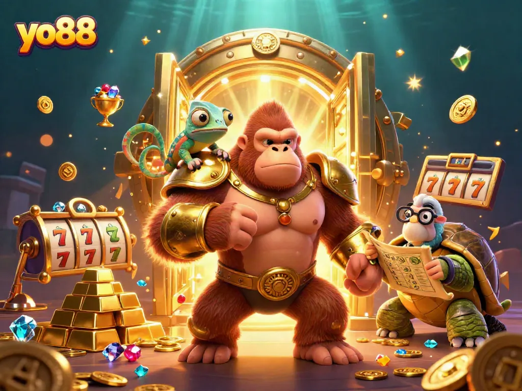 Experience thrilling adventures in yo88 with a majestic gorilla, chameleon, and wise tortoise amidst sparkling treasures.