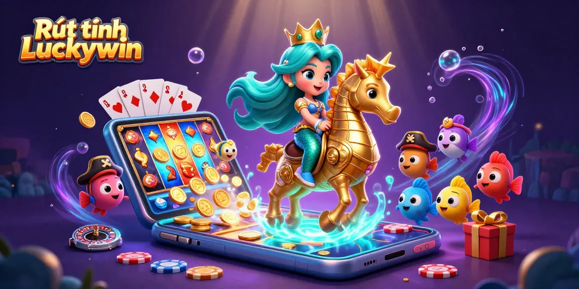 Experience Rút tiền Luckywin with vibrant casino-themed underwater adventure featuring a mermaid and golden seahorse.