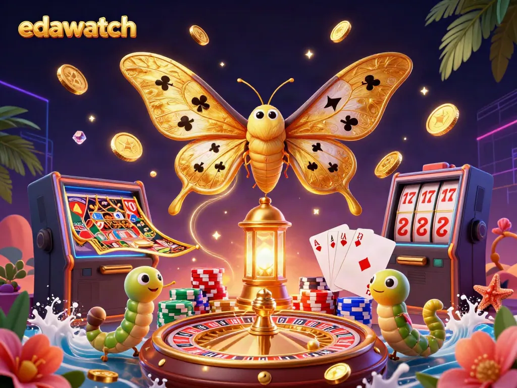 Experience edawatch’s captivating casino scene with a majestic atlas moth, golden coins, and vibrant gaming elements.