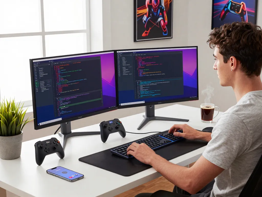 Engaging workspace with unique tech gadgets including Rii i4 Mini Bluetooth Keyboard, 8BitDo Ultimate Controller, and Tile Mate connected to smartphone.
