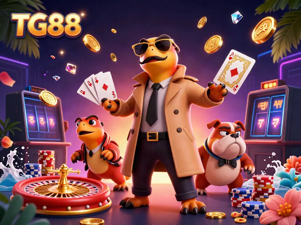 Win big at TG88 with a playful scene of raptors in a trench coat entering a VIP casino lounge.