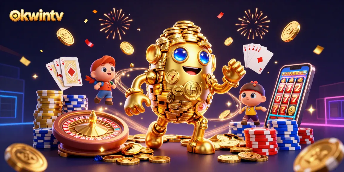 Play and win on okwintv with dynamic slot machine features, exciting gold coins, and vibrant casino elements.