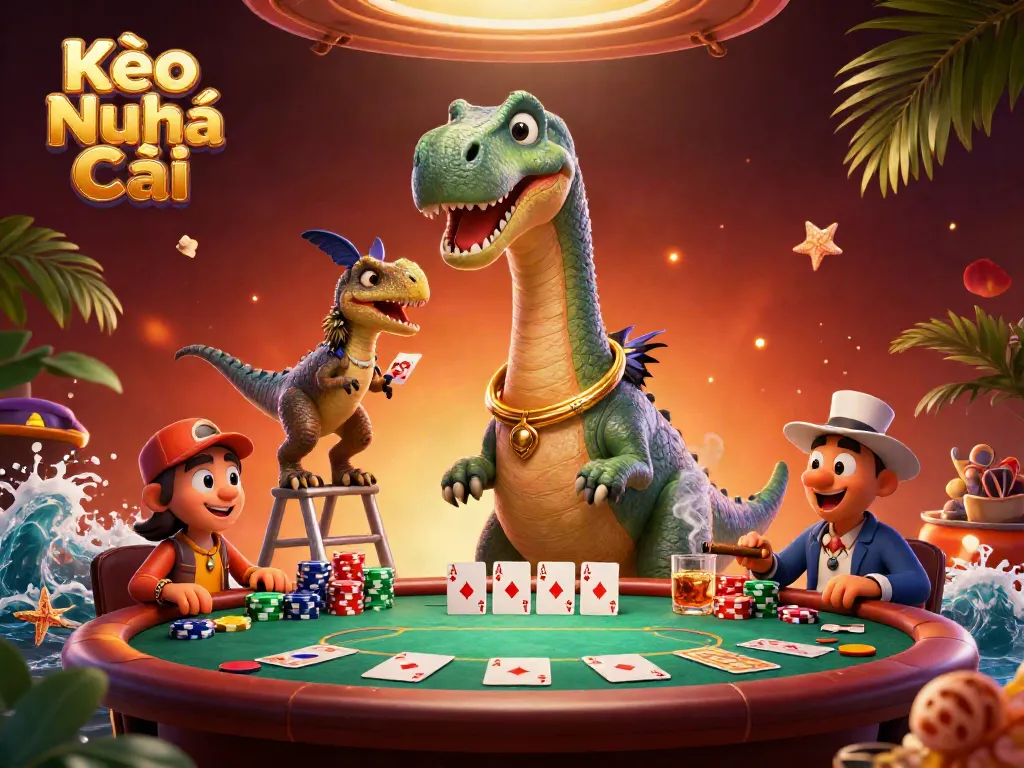 Kèo Nhà Cái illustration featuring a brontosaurus at a poker table with interactive gaming elements and vibrant details