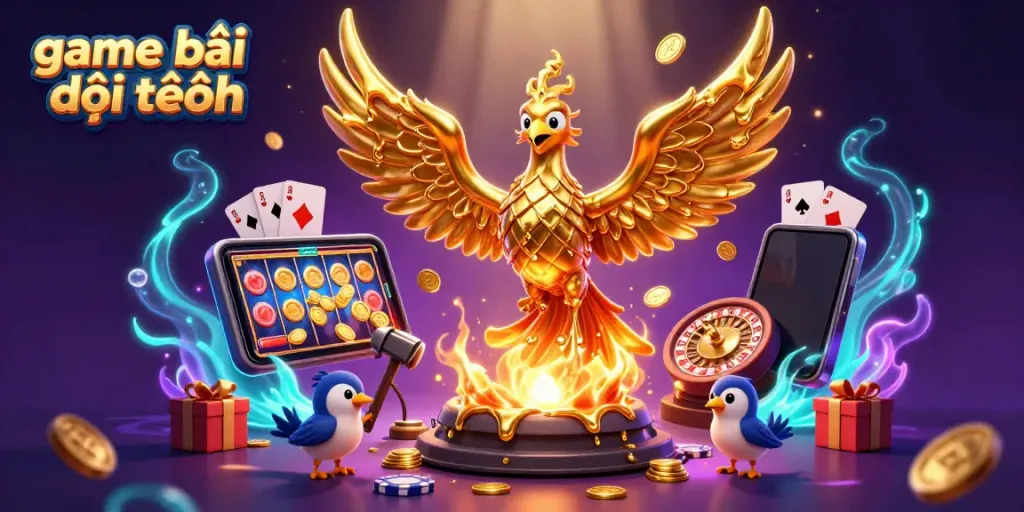 Experience vibrant 3D casino action featuring a golden phoenix and gaming elements in game bài đổi thưởng.