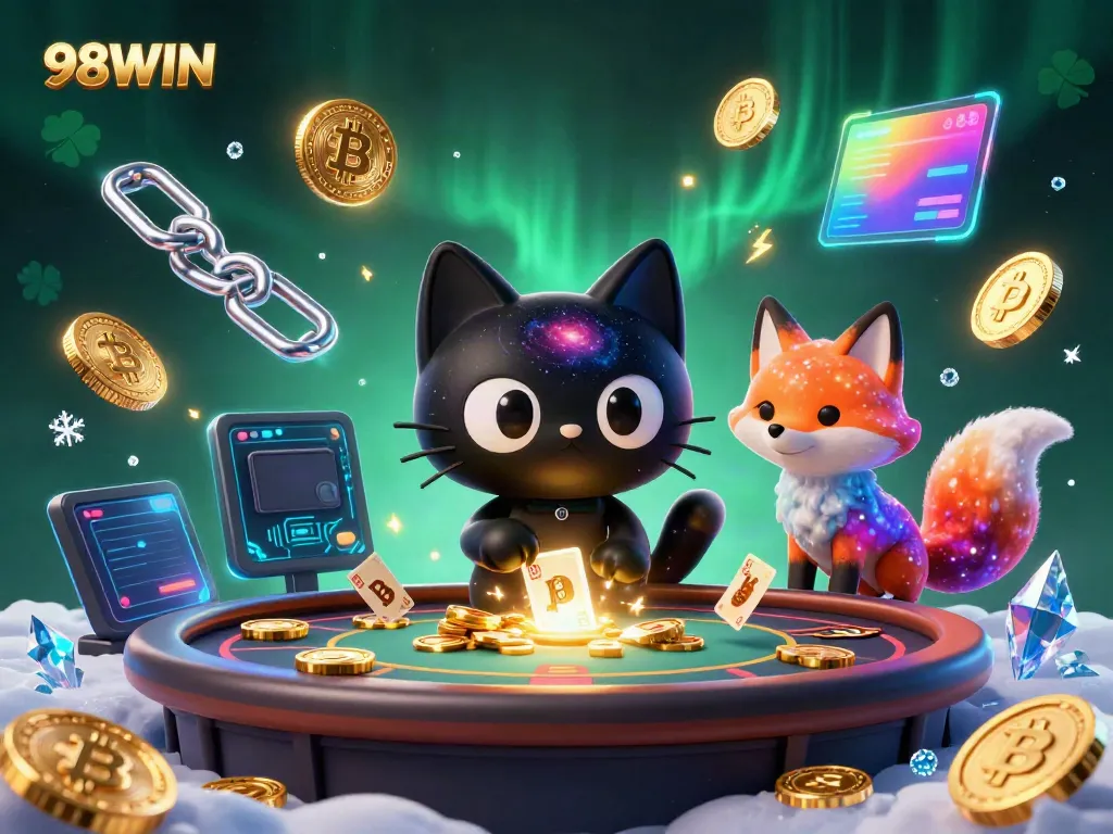 98WIN showcases an engaging scene with a black hole cat and nebula fox amidst vibrant casino elements.