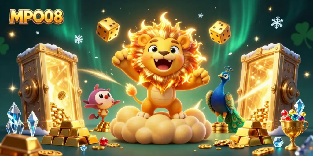 Experience excitement and wins at MPO08 with vibrant 3D casino elements and characters.