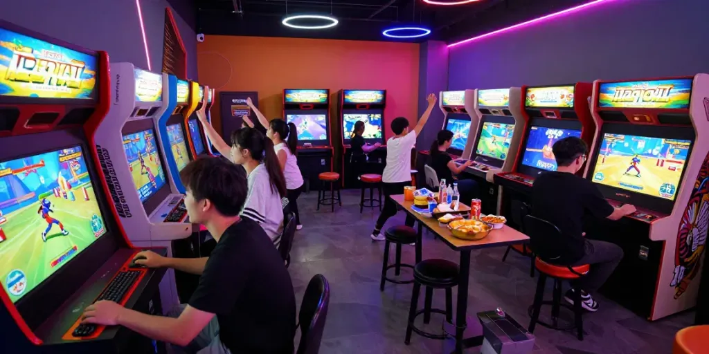 Gamers enjoying a lively rokok88 arcade experience with neon lights.