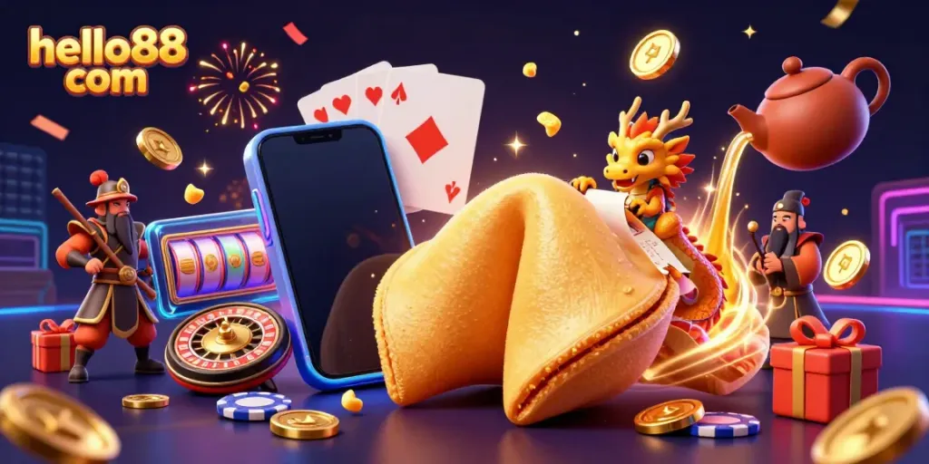 Experience thrilling wins with giant golden fortune cookie and slot games in hello88 com's vibrant 3D illustration.