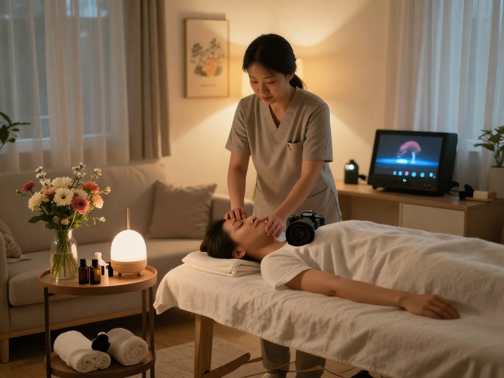 Therapist preparing for 김포출장마사지 session in a cozy home environment.