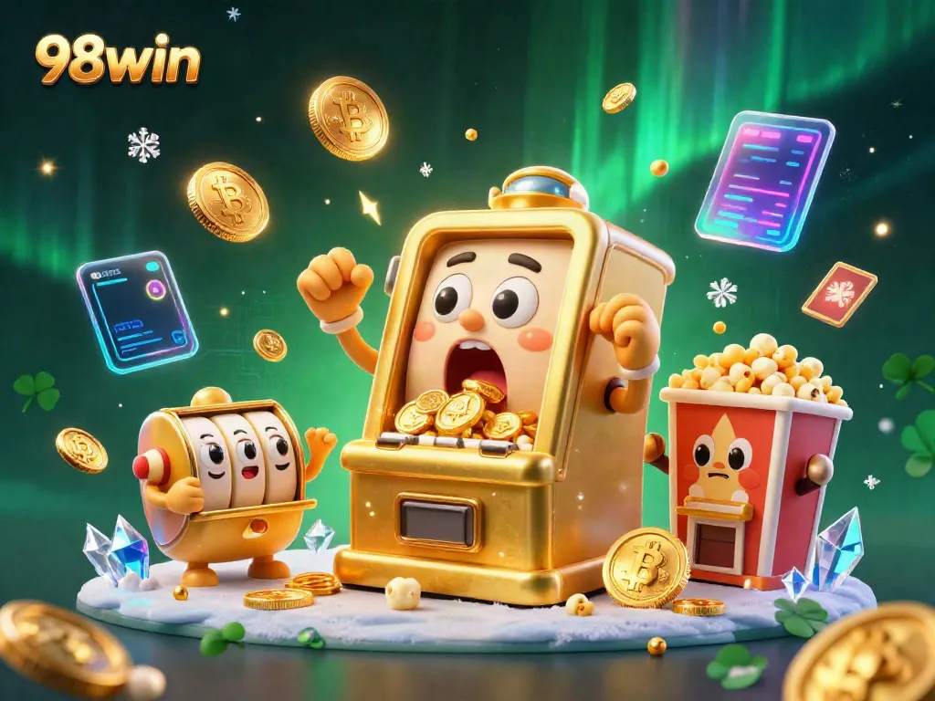 98win's animated slot machine hitting a jackpot with cheering figures and neon cryptocurrency coins