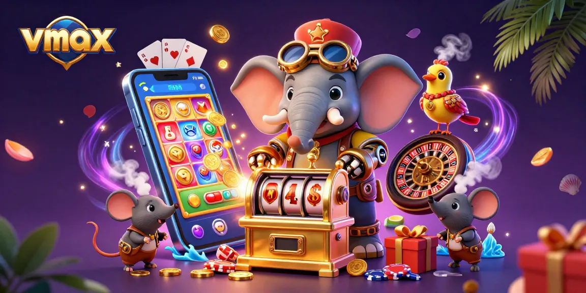 Spin the vibrant vmax slot machine with a steampunk elephant engineer amidst festive gaming elements.