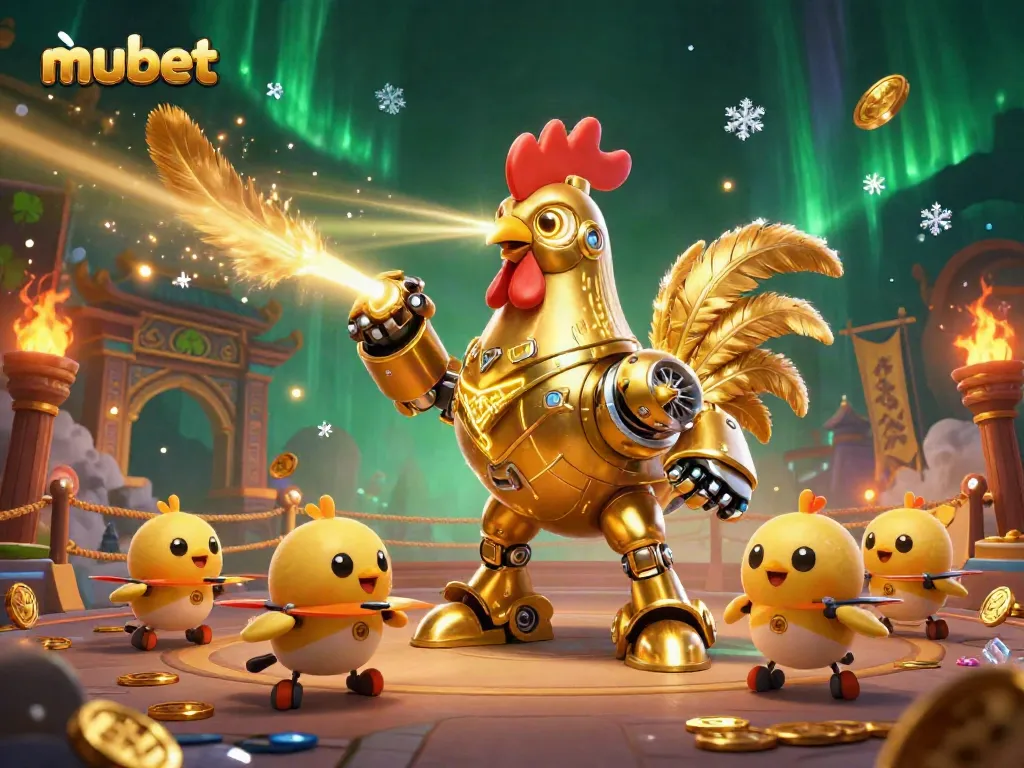Engage in thrilling action with mubet; witness a spectacular golden rooster robot amidst vibrant casino elements.