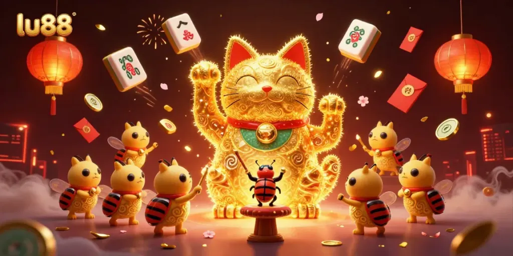 Engage with lu88's vibrant casino experience featuring a lucky cat and festive decorations.
