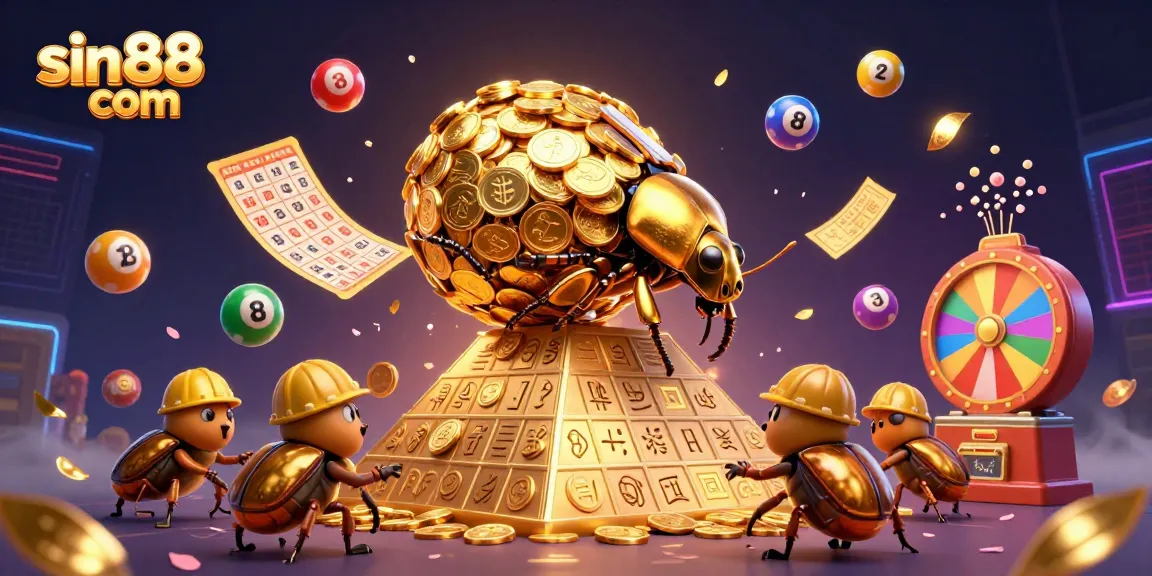 Engage in the excitement at sin 88 com with a vibrant illustration of lottery balls, tickets, and golden prizes.