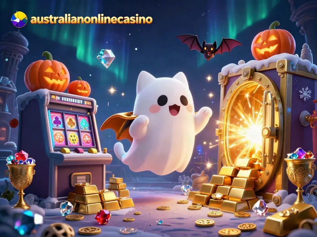 Experience thrilling wins at australianonlinecasino with our ghost cat and vampire bat in a dynamic casino scene.