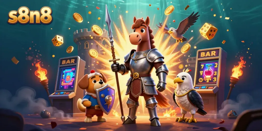 Experience the vibrant s8n8 world with a knight, squire, and falcon among a jackpot explosion of casino elements.
