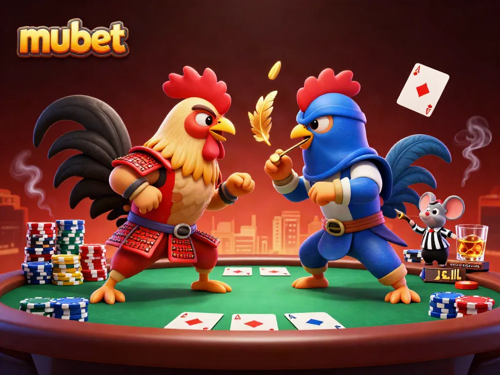 Engage in an epic poker showdown between mubet's roosters in a vibrant casino atmosphere.
