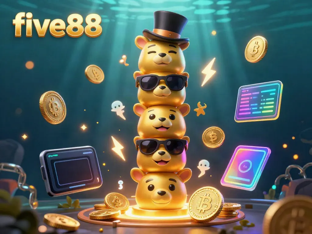 Experience vivid gaming fun with five88's lively totem pole illustration and glowing crypto elements.