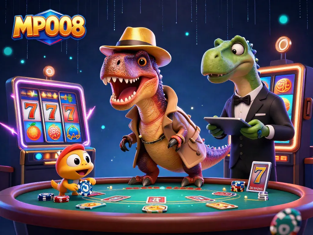 MPO08 showcases a cartoon velociraptor card counter at a blackjack table in an engaging casino scene.