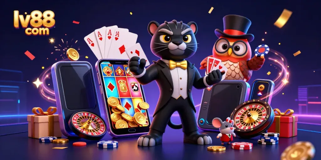 Experience thrilling games with LV88 com: a panther, owl, and mouse in a vibrant casino scene.