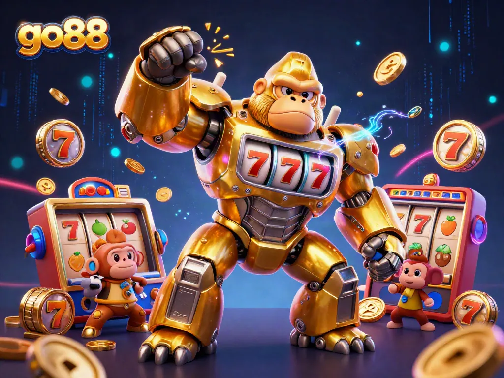 Engage with go88's thrilling excitement through dynamic slot machine adventures featuring a golden gorilla mech.