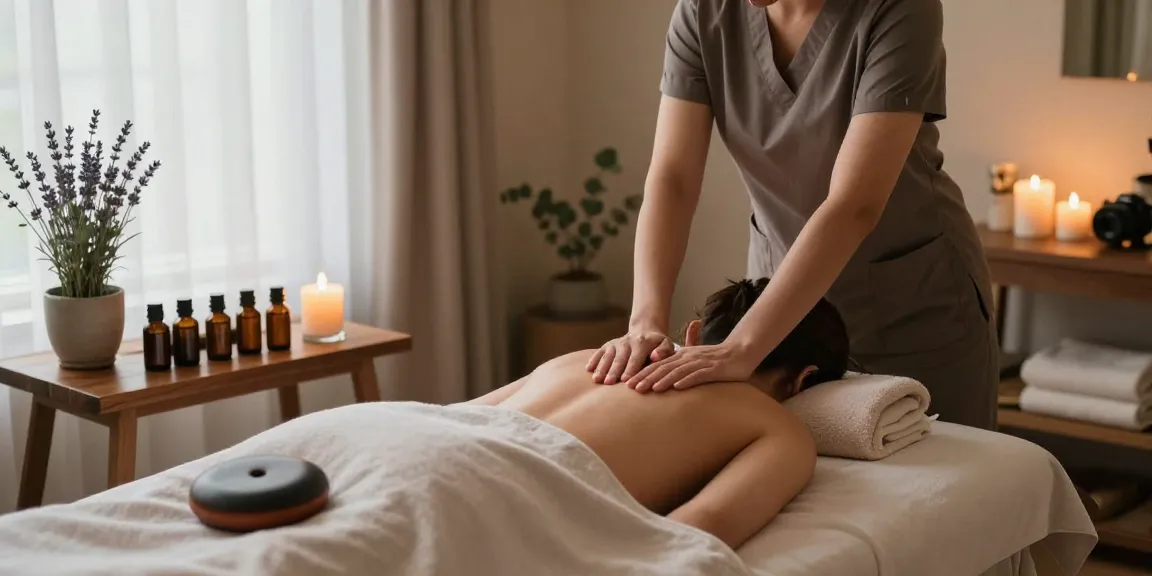 Relaxing 안양출장안마 massage session in a calming spa environment with soothing candles and essential oils