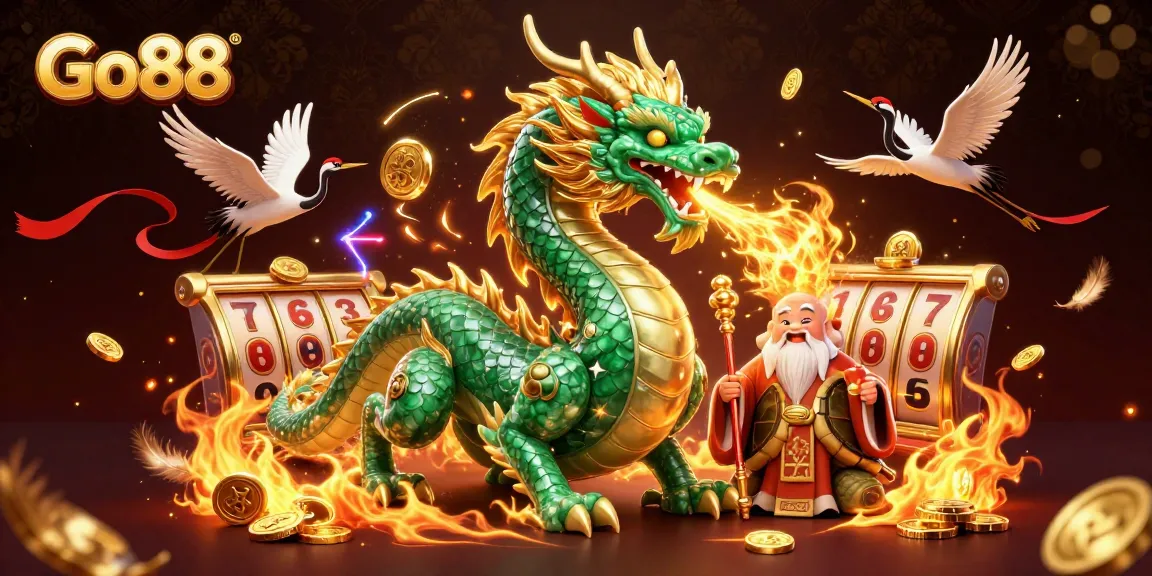 Experience the excitement at Go88 with legendary characters amid swirling lucky tokens and golden coins.