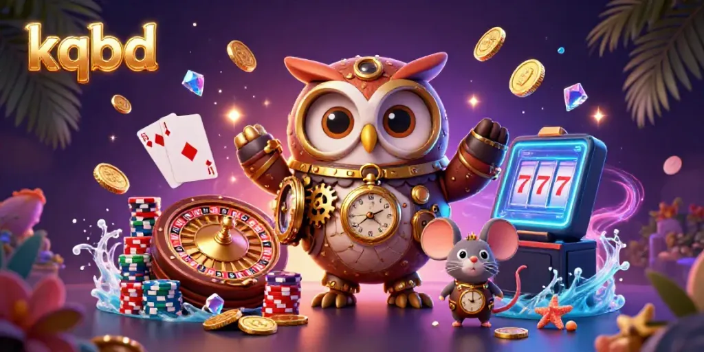 Experience kqbd with a time-traveler owl and casino elements, surrounded by sparkling coins and cards.