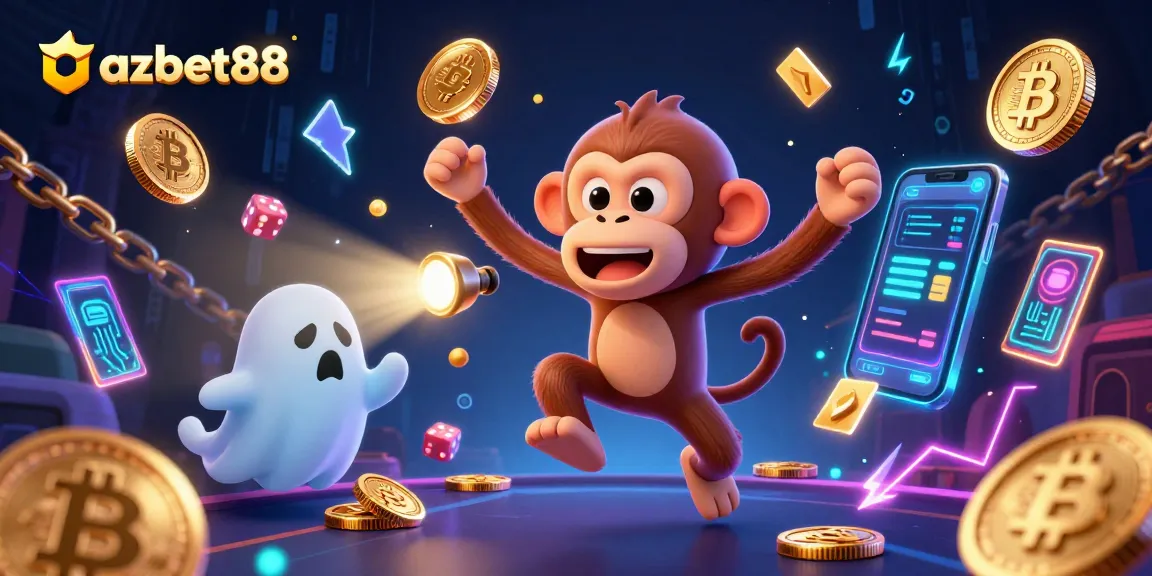 azbet88 showcases a mischievous poltergeist monkey juggling casino items in a haunted atmosphere.