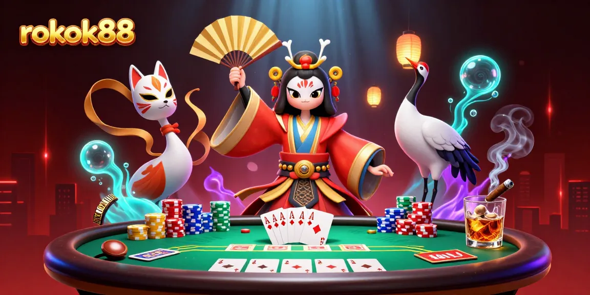 Engage in thrilling poker action at rokok88 with vibrant characters and casino elements.