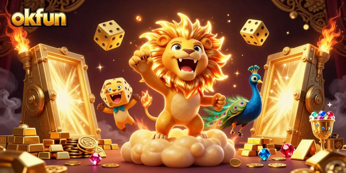 Win big with okfun in this vibrant 3D casino illustration showcasing a golden treasure vault and dynamic gambling elements.