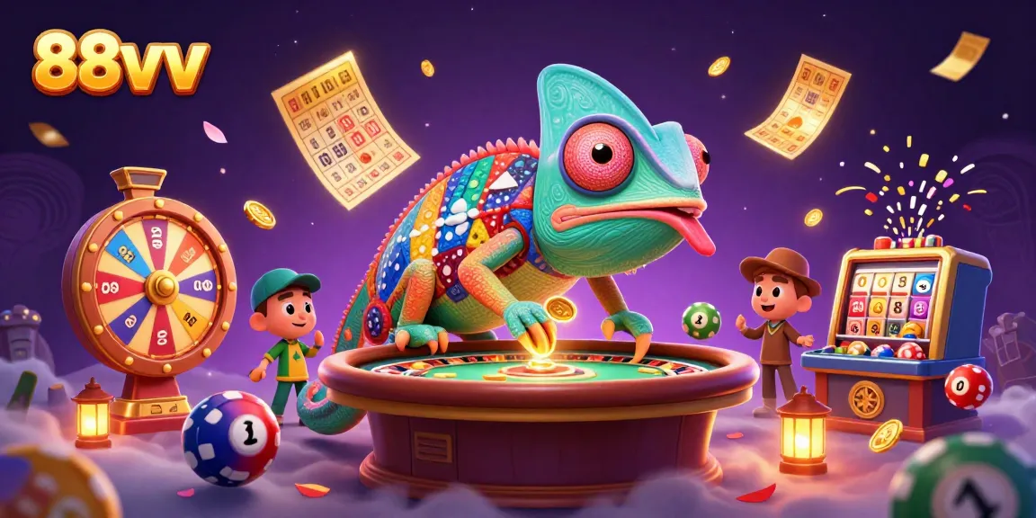 Experience 88vv excitement with a chameleon casino owner collecting golden coins amidst vibrant games.