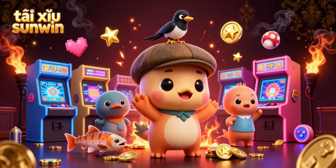 Tài xỉu sunwin features vibrant casino graphics with cartoon characters celebrating game excitement.