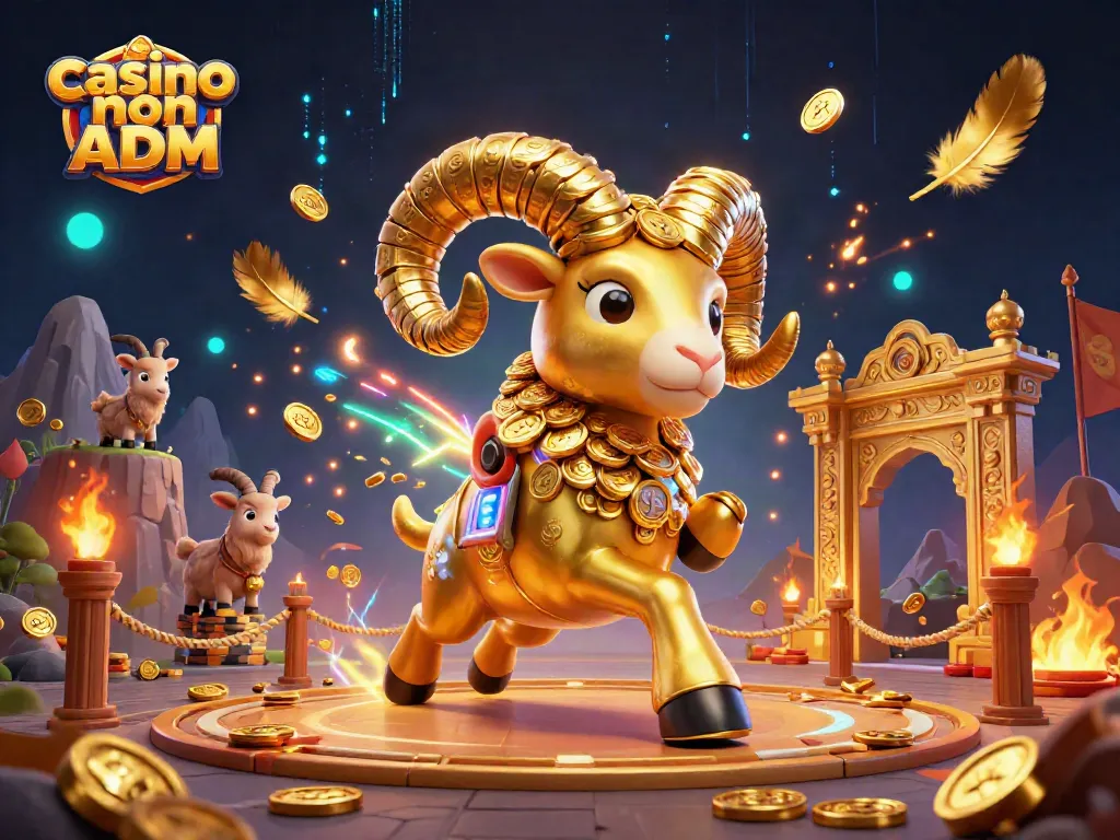 Spin slot nei casino non ADM, con un'illustrazione vivace di un ariete dorato che si carica verso un cancello d'oro.