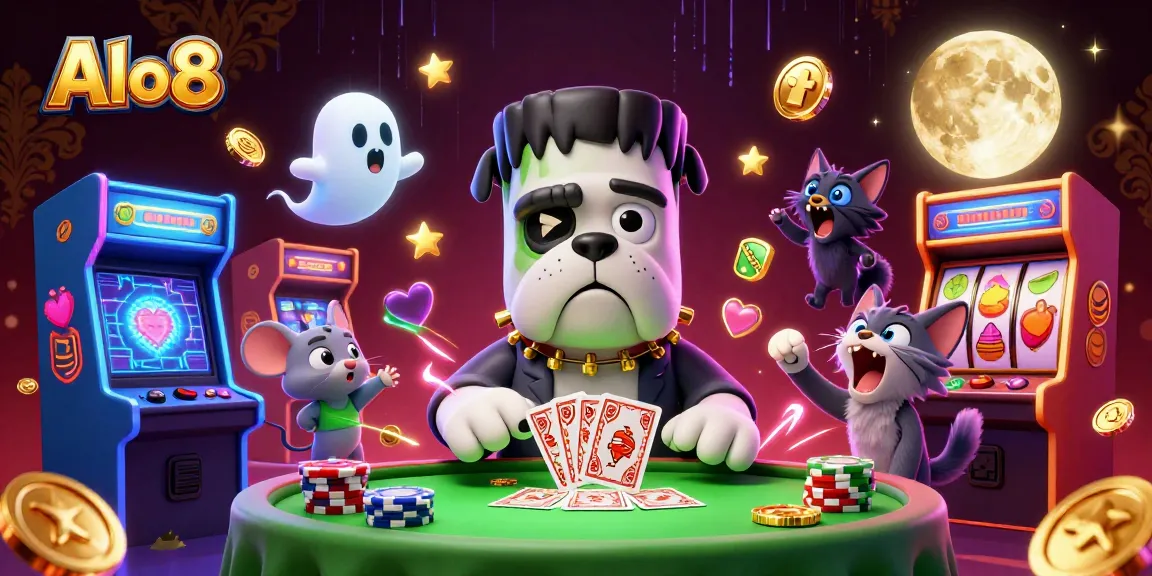 Alo8 showcases a lively casino scene with a bulldog monster dealing cards and a werewolf kitten howling.
