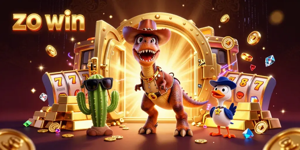 Enjoy the thrill of zo win with a vibrant 3D casino scene featuring dynamic characters and treasures.