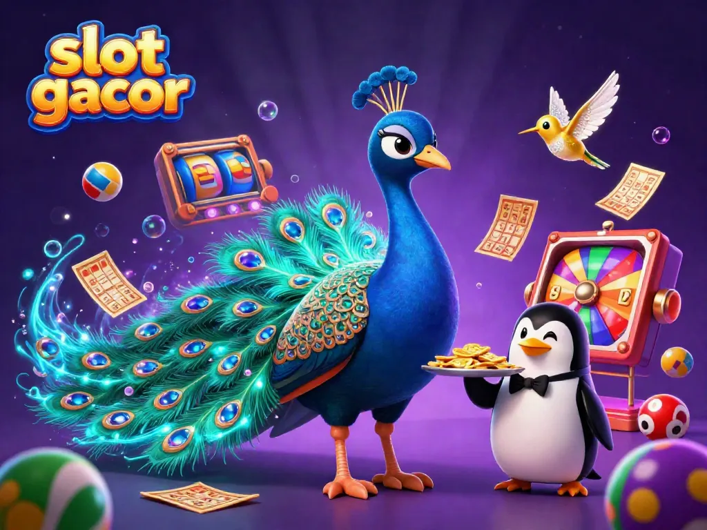 Engaging scene showcasing slot gacor elements with a peacock, penguin, and hummingbird surrounded by dynamic casino features.