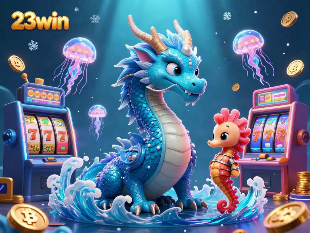 Engage with the vibrant 23win fantasy scene showcasing a water dragon and seahorse knight amidst slot reels and glowing coins.