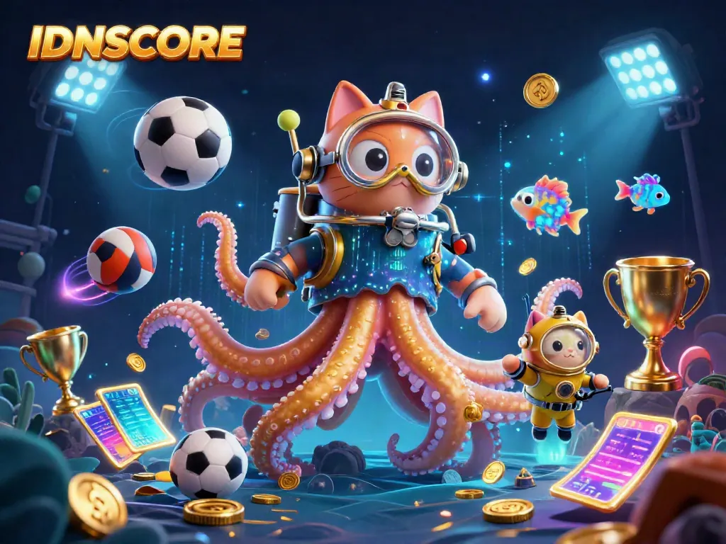 IDNSCORE features a kraken and diving cat in a vibrant sports-themed ocean composition.